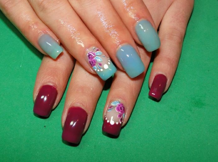 two-tone spijkers-wijnrood-turquoise Flower Decoration thermisch effect nagellak